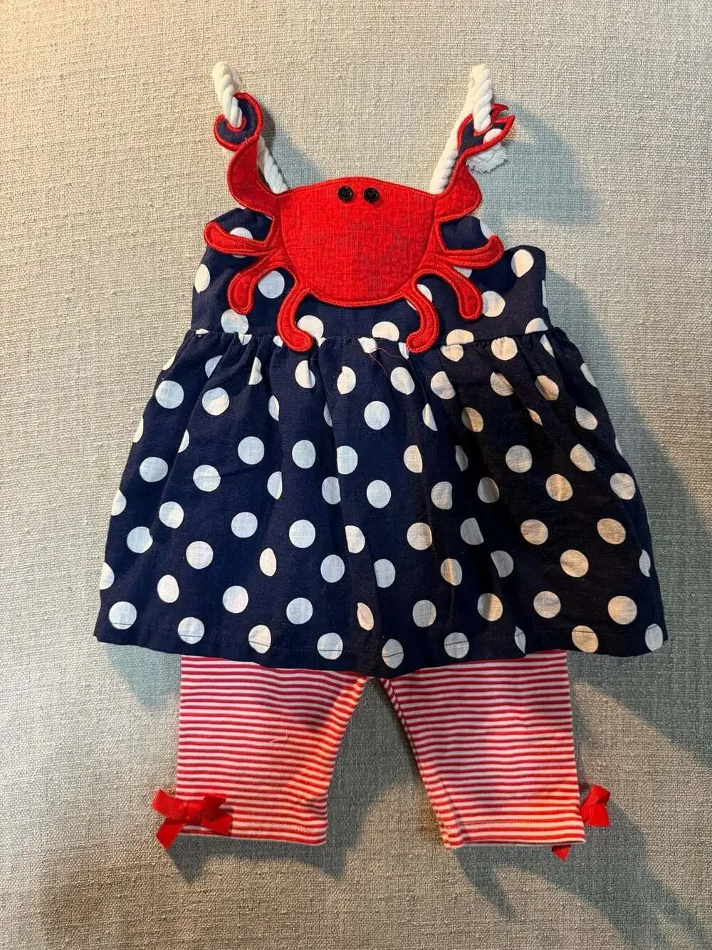 Mud Pie Toddler Girl Navy Polka Dot Crab Appliqué Dress and Stripe Legging Set